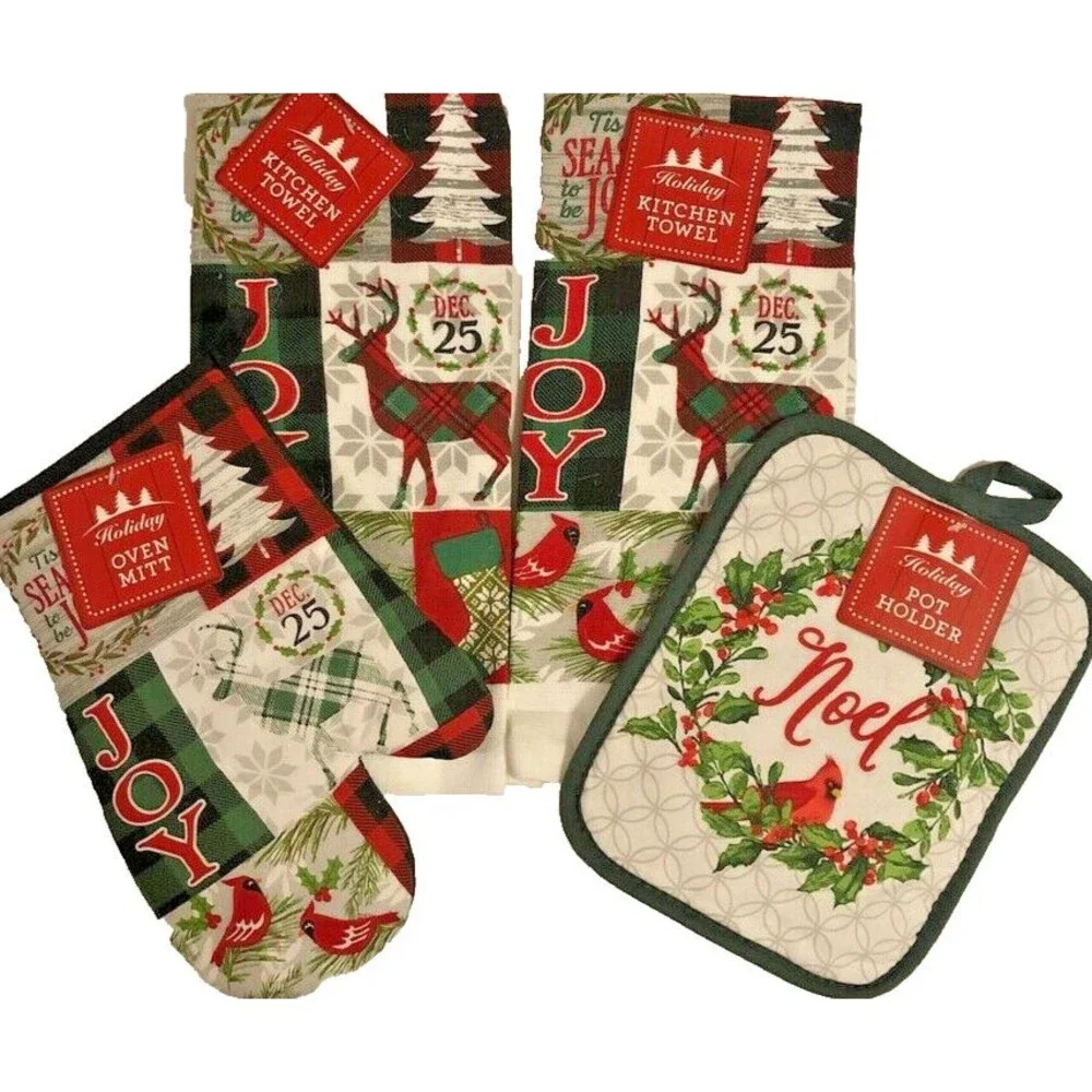 Christmas Tree Kitchen Dish Towels Potholder Oven Mitt Set of 4 Joy Noel